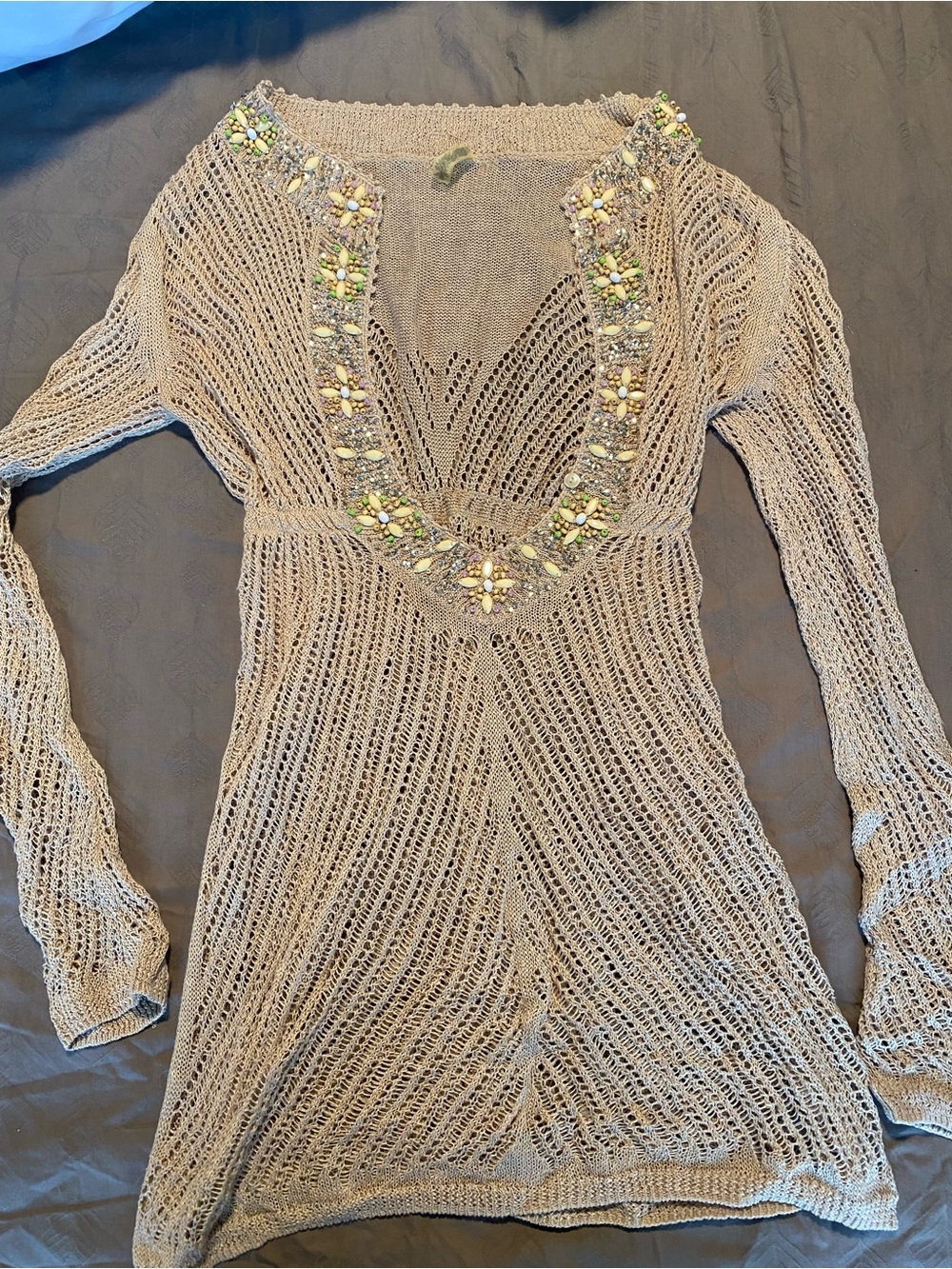 Victorias Secret Beaded V-Neck Open Knit Mini Cover-up Dress in Taupe